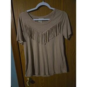 Grace & Emma Tan Short Sleeve Fringe V-Neck Blouse Top Women's L Boho Western